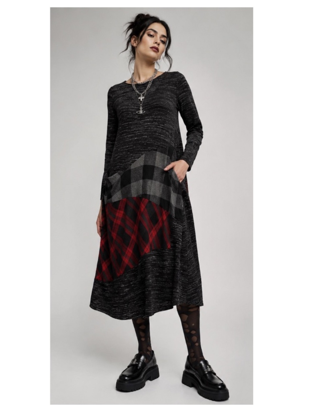 Alembika 4 (12-14) Patchwork Tartan Plaid Maxi Swing Dress Red Gray Lagenlook